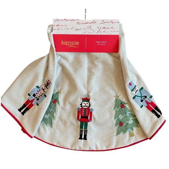Kensie Home Nutcracker Embroidered Christmas Tree Skirt 54in Linen & Cotton New - Picture 1 of 14